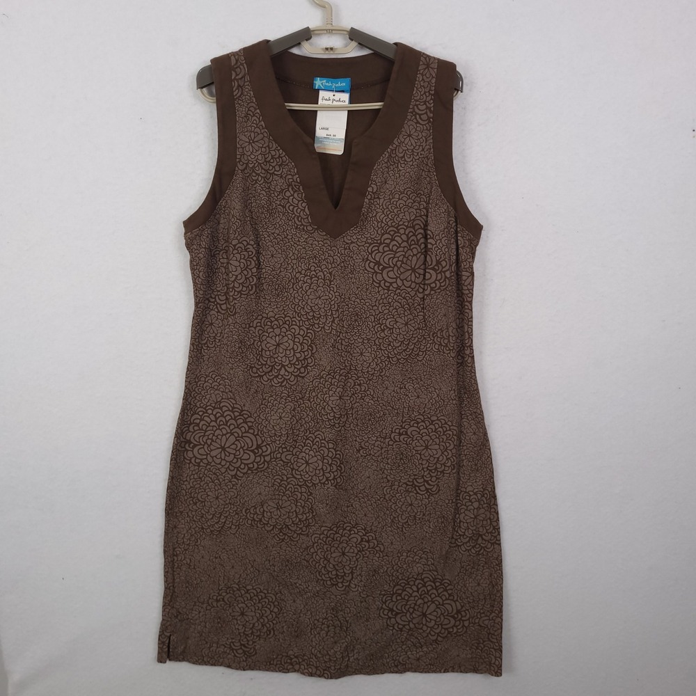 Fresh Produce Shift Dress Womens Large Brown Floral Cotton Split Neck Sleeveless